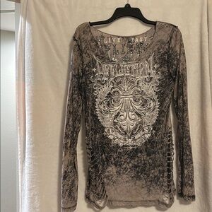 Affliction Distressed Long Sleeve Top with Graphic Design. Reversible.